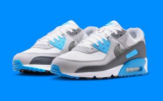 Nike's Air Max 90 in a "Platinum Tint/Blue Lightning" color scheme.