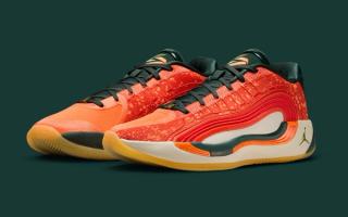 Luka Dončić's Jordan Luka 4 "Gone Camping" basketball shoe in orange-and-green.
