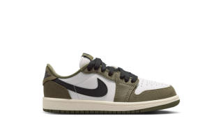 Placeholder for Little Kids' Air Jordan 1 Low OG in a "Medium Olive/Black/Summit White/Sail" color scheme.