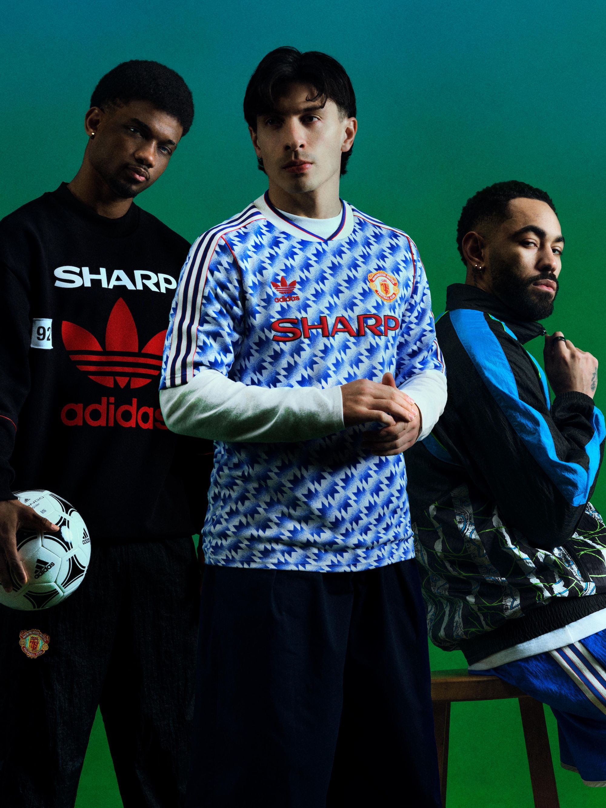 Amad Diallo, Lisandro Martínez & Matheus Cunha modeling Man United's 1990-92 adidas Bring-Back Collection. 