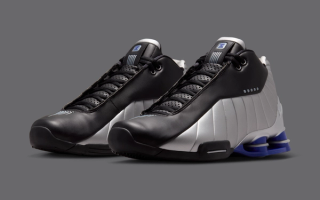 Original Nike Shox BB4 sneaker in a "Black/Metallic Silver/Lapis" color scheme, as worn by Vince Carter in the early 2000s.