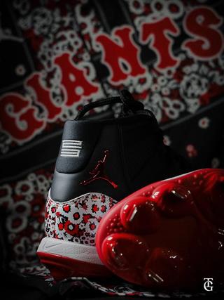 Jordan Brand's special-edition Air Jordan 11 baseball cleats for Japan's Yomiuri Giants, featuring Nomarhythm Textile pattern.