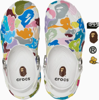 BAPE®︎ x Crocs Echo 2 Clog "White/Multi-Color" & Jibbitz™ Charms (SKU: 212493-1BP). Photo via Crocs.