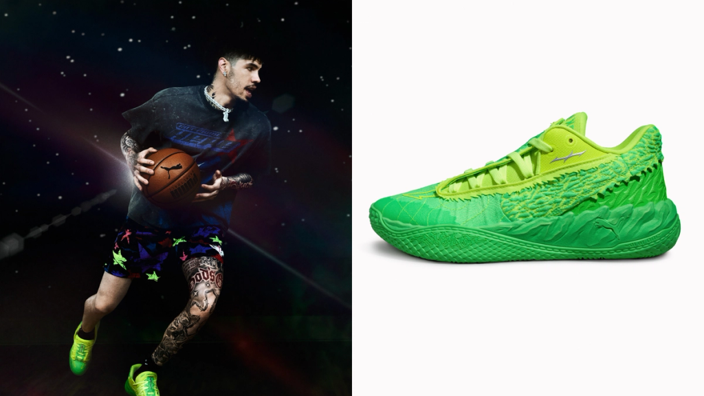 Puma MB.05 LO Flourish colorway in botanical-inspired palette, lateral three-quarter view