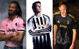 Juventus 26/27 adidas Home, Away & Third Authentic Short & Long-Sleeve Jerseys, featuring white, black, and gold, "True Pink" & black-gold color schemes.