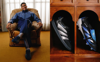 Jude Bellingham modeling his "Black/Glory Blue" Adidas Predator football collection.