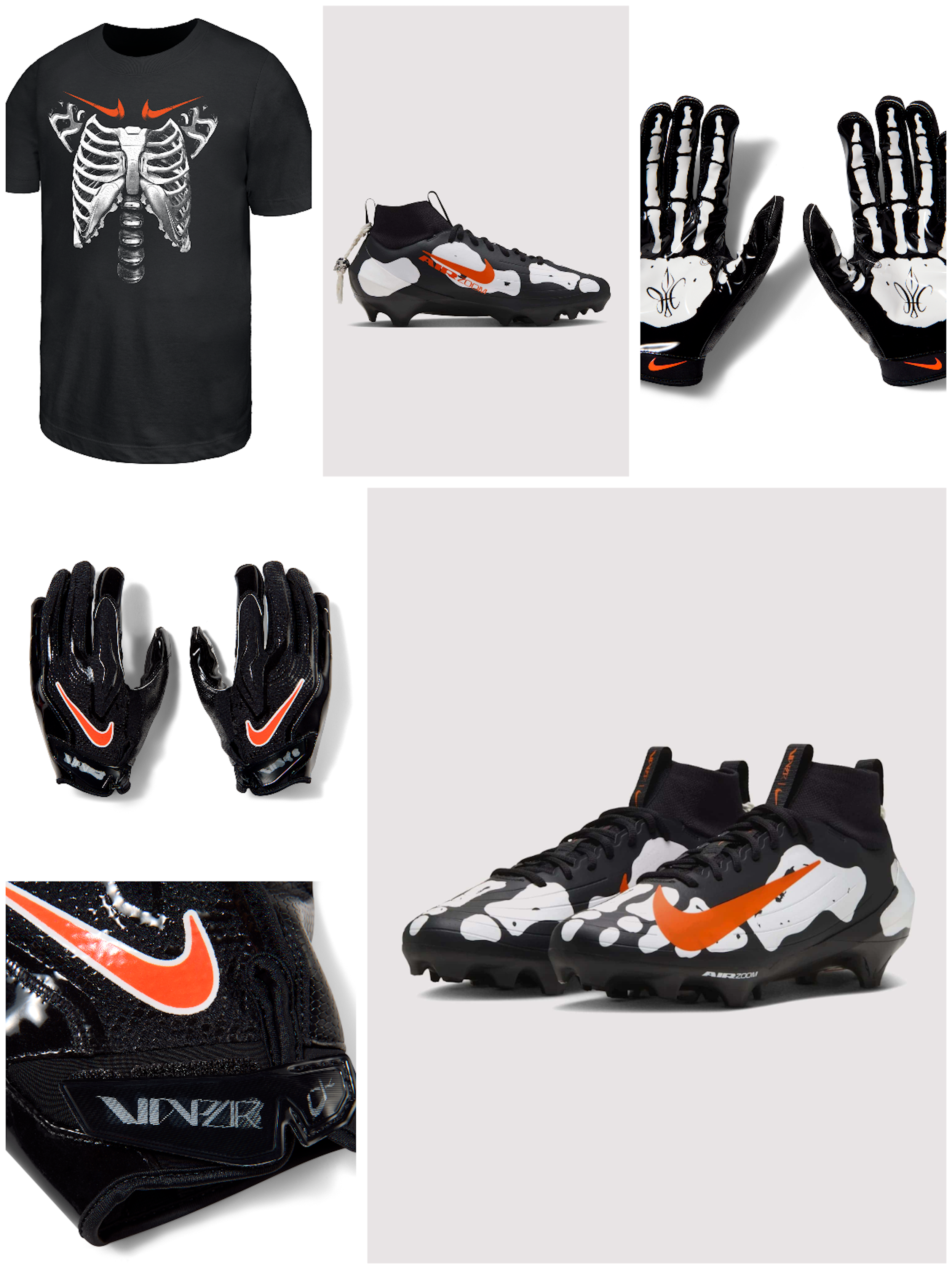 Ja'Marr Chase's Nike U.S. Football "Skeleton" Collection, which includes cleats, gloves & a graphic t-shirt.