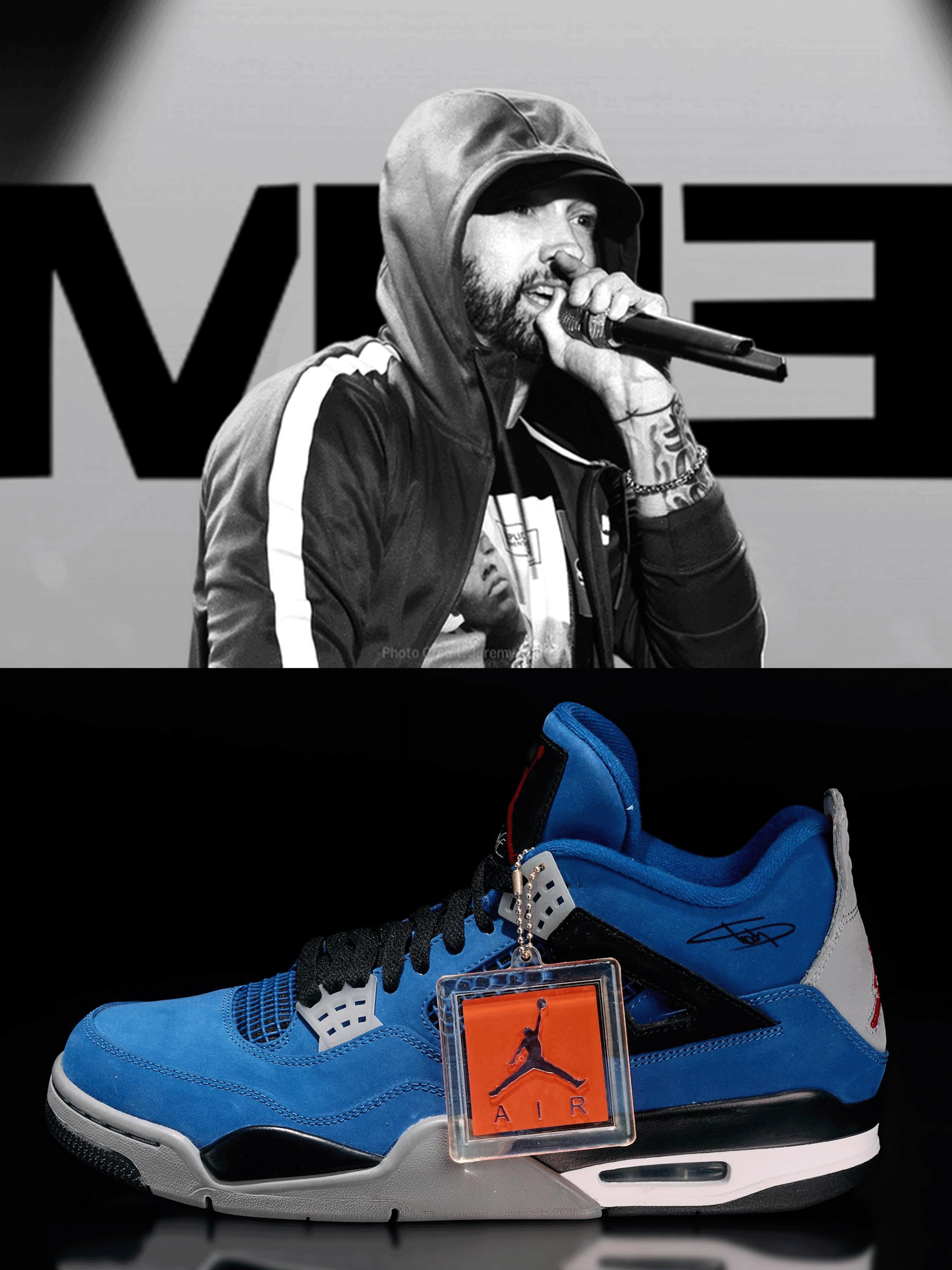Eminem in the background of four different Nike Air Max collaborations he's had.