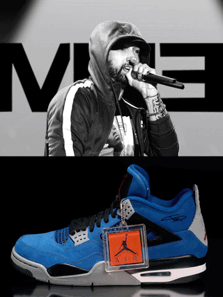 Eminem in the background of four different Nike Air Max collaborations he's had.
