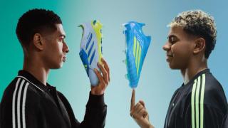 Jude Bellingham & Lamine Yamal for adidas' "Ice Cold Precision" Pack, with each holding the Predator 26 and F50 Laceless, respectively. Photo via adidas.