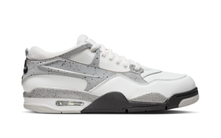 Air Jordan 4 RM "White Cement" in a "Summit White/Black/Matte Silver/Fire Red" color scheme.