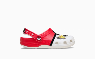 Kid's Pokémon x Crocs Classic Clog "Poké Ball" collaboration in a white-and-red color scheme.