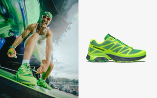 Feid at Lollapalooza wearing his Salomon XT-Pathway 2 "FERXXO" collaboration.