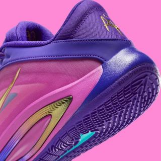 Heel close-up of Medial angle of A'ja Wilson's Nike A'One in a "Fierce Purple/Hyper Magenta" color scheme.