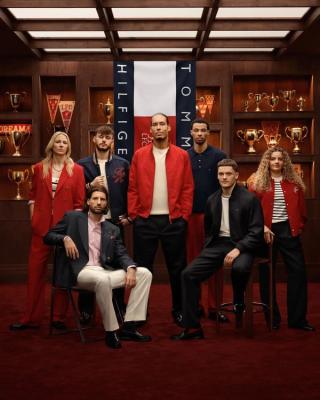 Liverpool FC's Virgil van Dijk, Dominik Szoboszlai, Florian Wirtz, Conor Bradley, Hugo Ekitike, as well as LFC Women players Gemma Bonner and Leanne Kiernan in Tommy Hilfiger promo visuals.