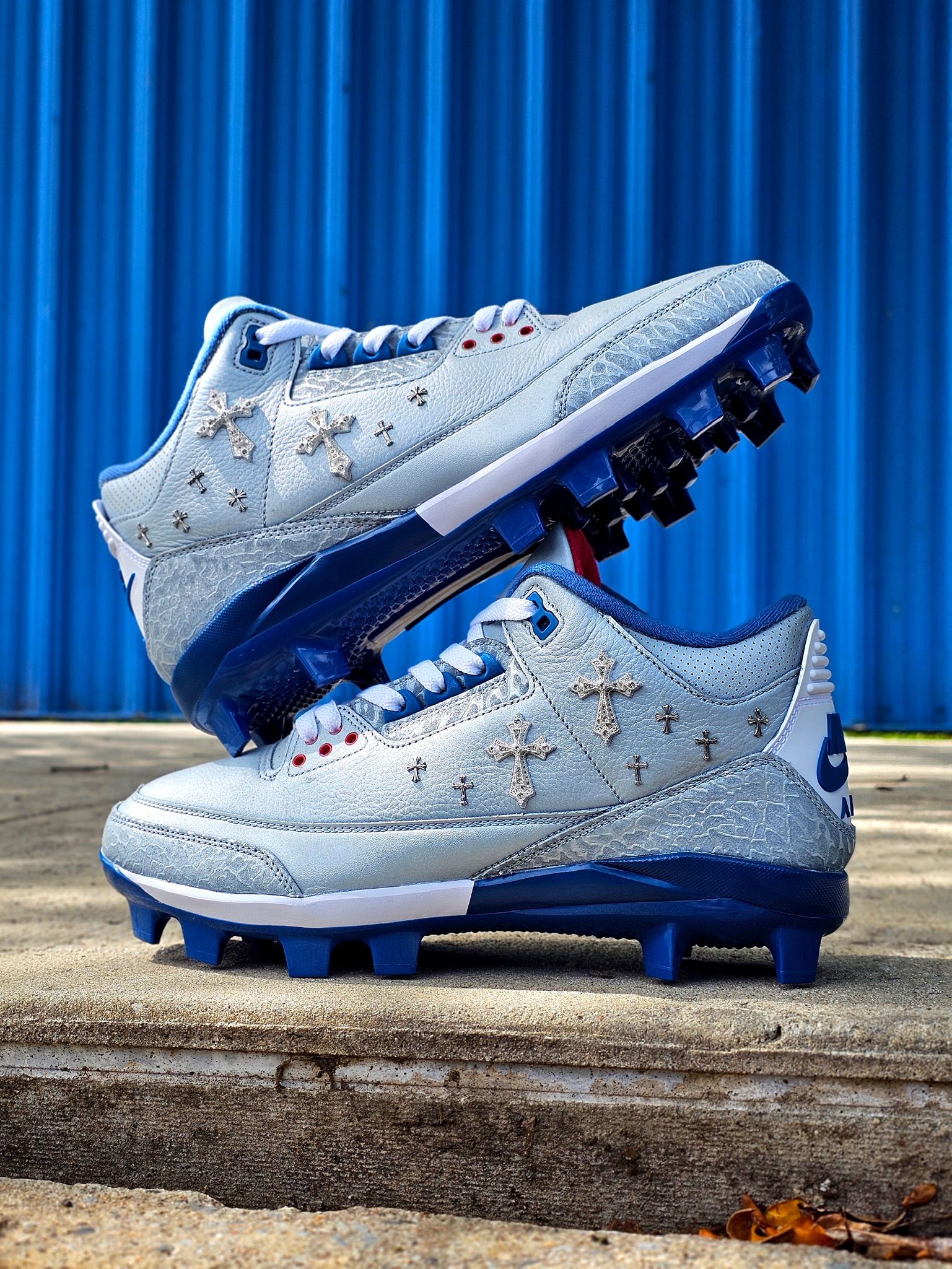 Jazz Chisholm Jr.'s Chrome Hearts-Inspired Air Jordan Custom Cleats. Photos via MLB.
