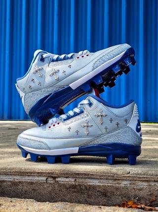 Jazz Chisholm Jr.'s Chrome Hearts-Inspired Air Jordan Custom Cleats. Photos via MLB.