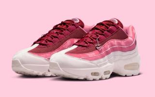 Valentine's Day-inspired Nike Air Max 95 in a "Team Red/Peony/Pearl Pink" color scheme, complete with a heart-shaped charms.