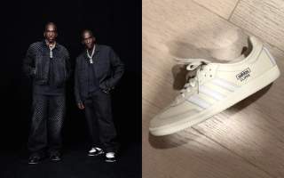 Clipse x Adidas Originals Samba LT sneaker collaboration in cream-and-white.