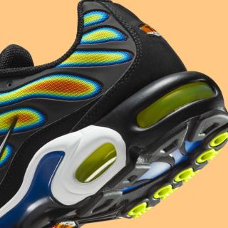 Heel close-up of Nike's Air Max Plus in a "Black/Sundial/Neon Yellow" makeover nicknamed "Heatmap."
