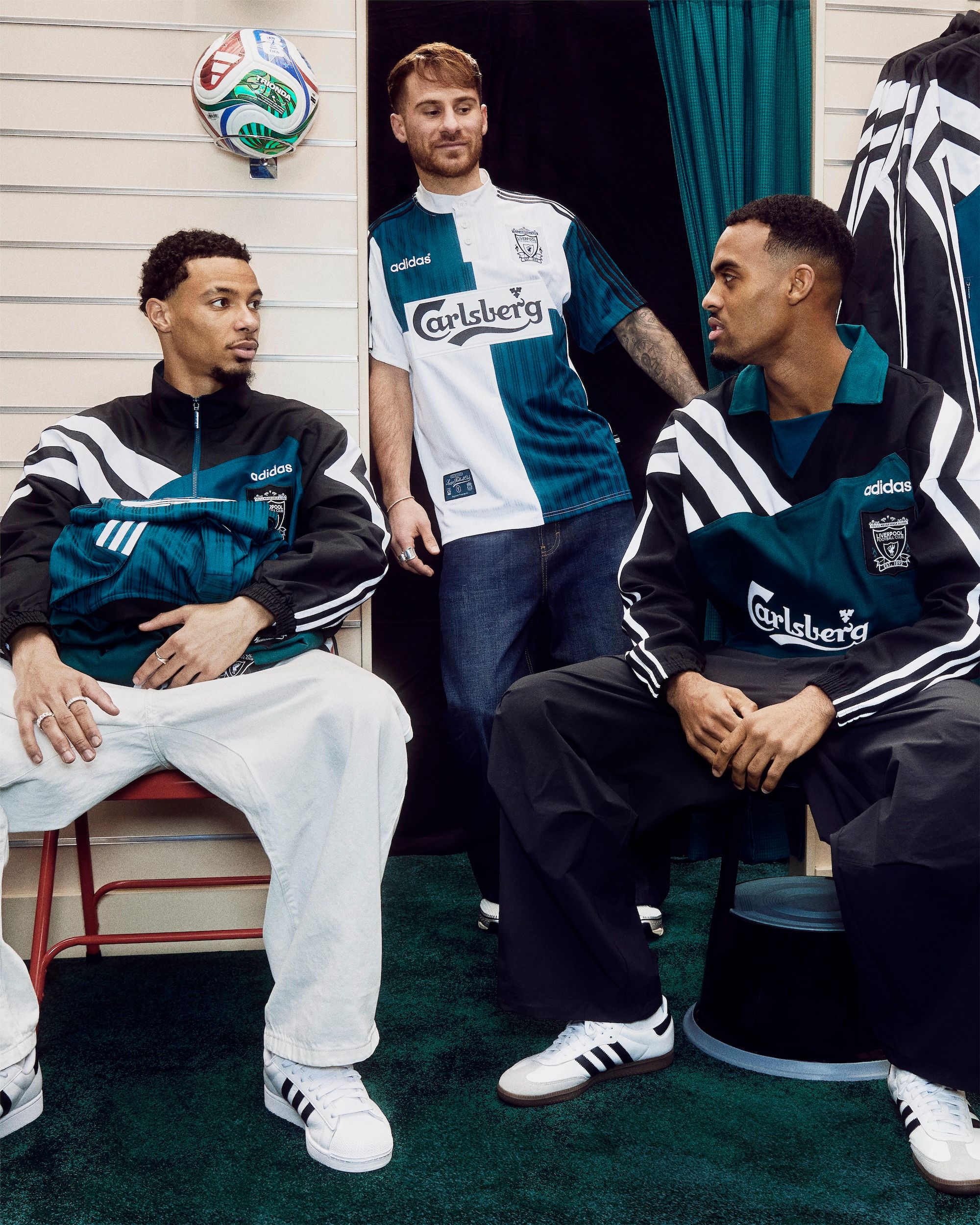 From left: Hugo Ekitike, Alexis Mac Alliste, and Ryan Gravenberch wearing the adidas EQT 1995-96 Bringback Collection.