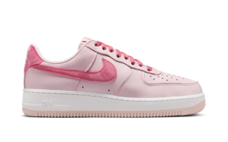 Women's Nike Air Force 1 Low "Pearl Pink" with fruit-shaped hangtags.