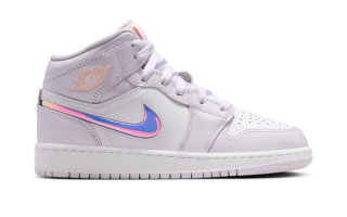 Big Kid's Air Jordan 1 Mid "Barely Grape" with iridescent swooshes.