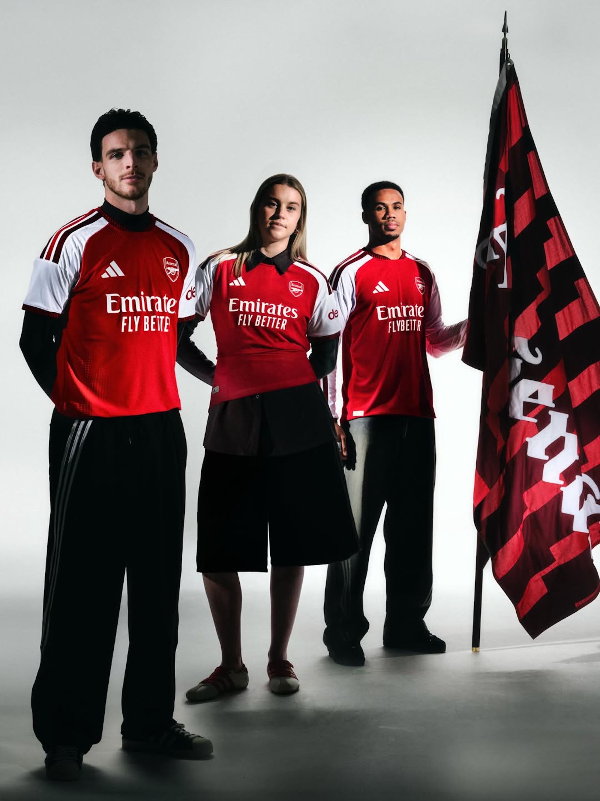 Arsenal's 26/27 adidas Home Jersey, in short-sleeve and long-sleeve forms, worn by Declan Rice, Alessia Russo & Gabriel Magalhães