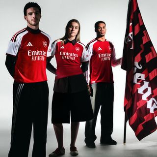 Arsenal's 26/27 adidas Home Jersey, in short-sleeve and long-sleeve forms, worn by Declan Rice, Alessia Russo & Gabriel Magalhães