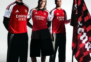 Arsenal's 26/27 adidas Home Jersey, in short-sleeve and long-sleeve forms, worn by Declan Rice, Alessia Russo & Gabriel Magalhães