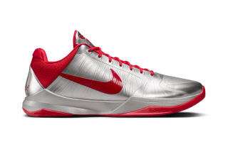Caitlin Clark x Nike Kobe 5 "Rookie of the Year" Protro in a "Metallic Silver/University Red" color scheme.