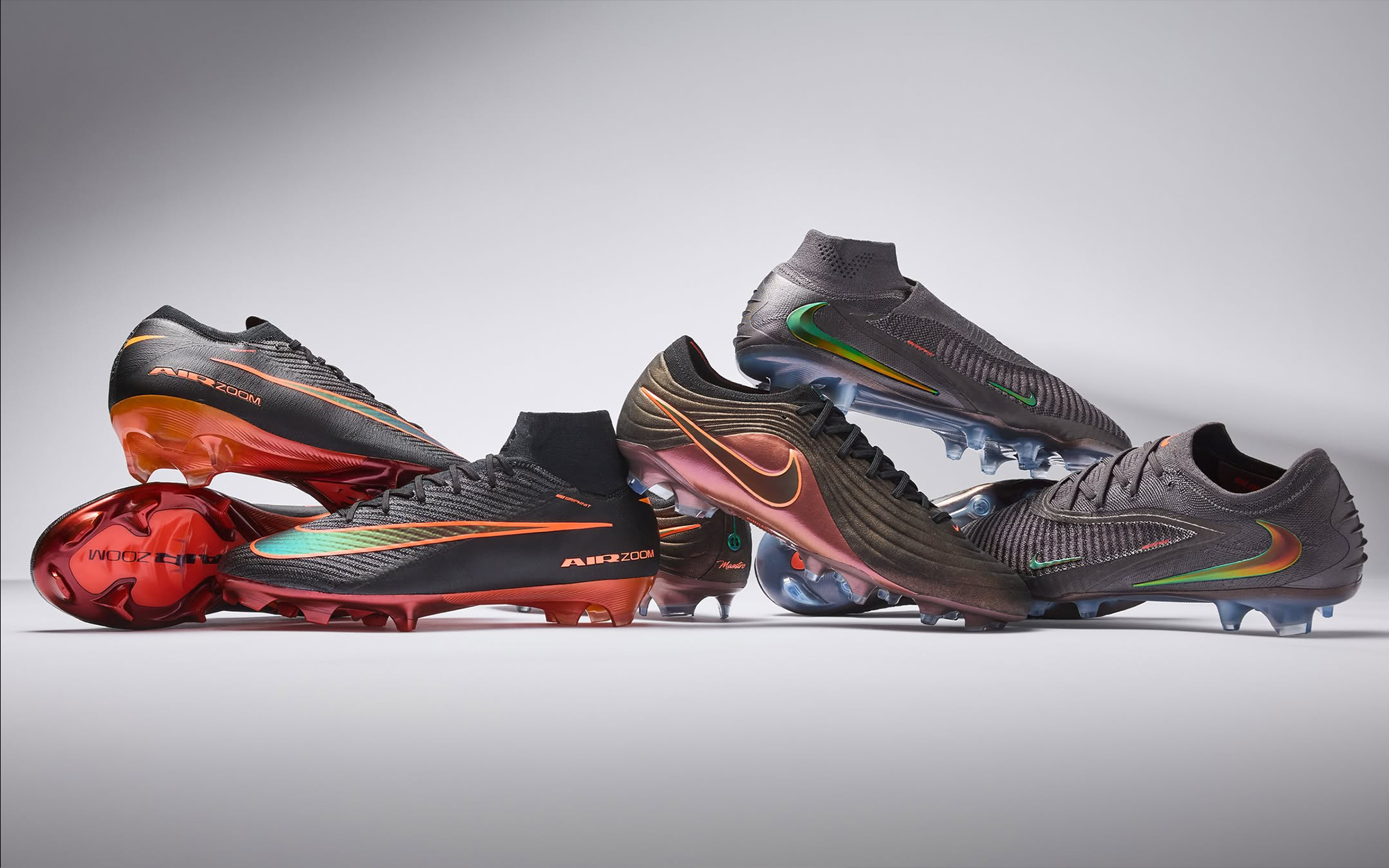 Nike Football's "Heat Up" boots collection, featuring the Tiempo Maestro Phantom 6, Mercurial Vapor 16, and Superfly 10. Photo via Pro:Direct Soccer.