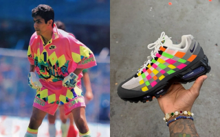 Mexico's Jorge Campos wearing a Nike-branded multi-colored jersey with diamond patterns similar to what's found on the insole of a new Nike Air Max 95 Woven.