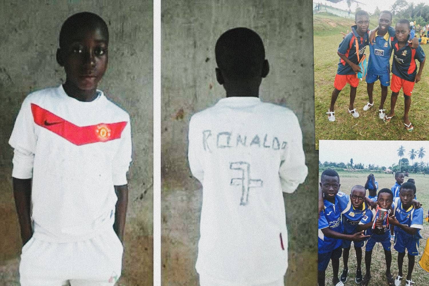 A Young Yan Diomande wearing a fake, personalized Manchester United jersey; Yan Diomande & childhood teammates playing in plastic sandals. Photos via Diomande Family/The Player's Tribune.