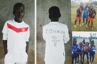 A Young Yan Diomande wearing a fake, personalized Manchester United jersey; Yan Diomande & childhood teammates playing in plastic sandals. Photos via Diomande Family/The Player's Tribune.