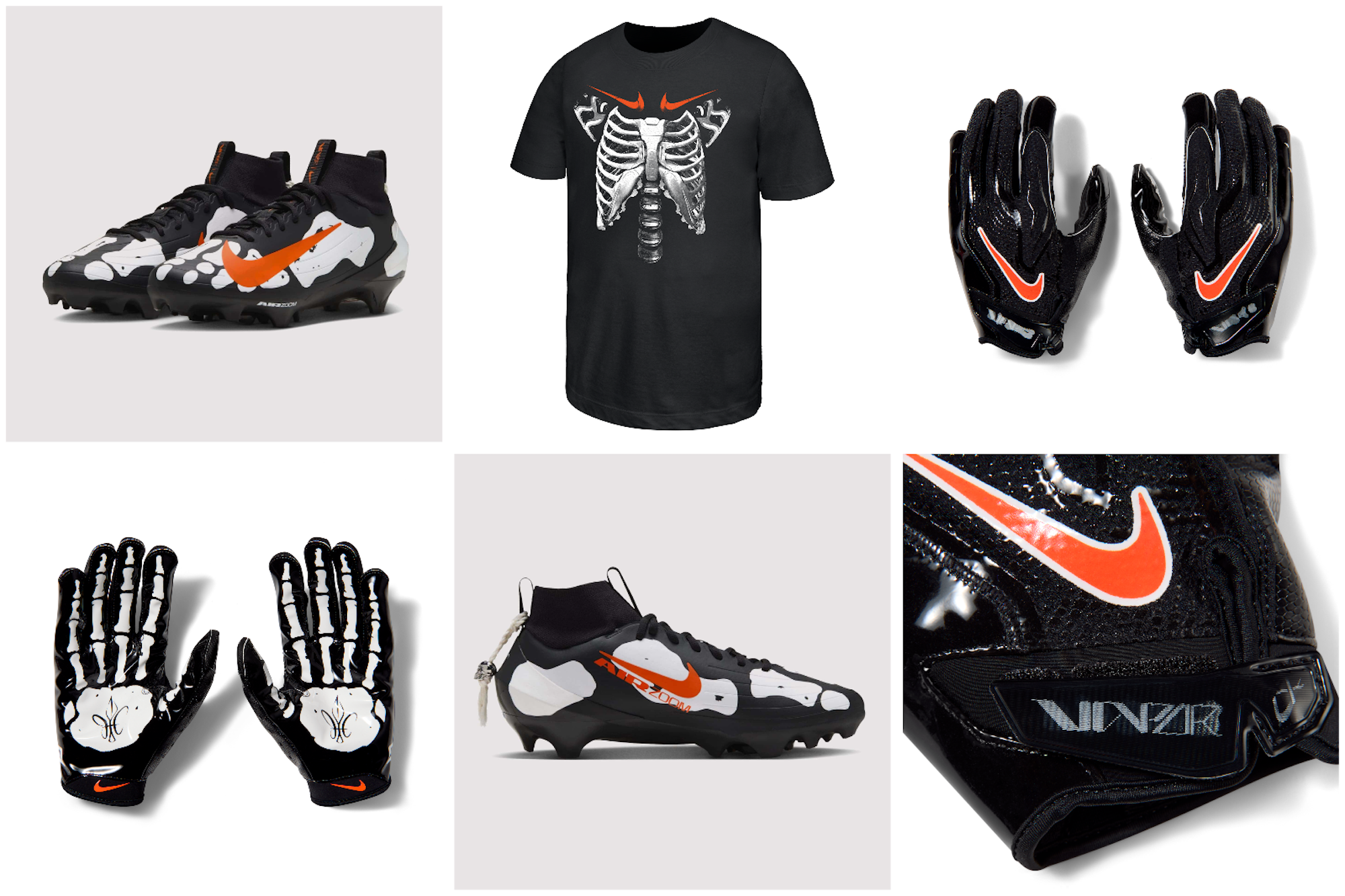 Ja'Marr Chase's Nike U.S. Football "Skeleton" Collection, which includes cleats, gloves & a graphic t-shirt. Photos via DTLR, Nike.