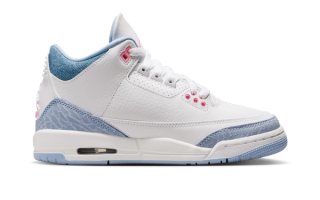 Big Kids' Air Jordan 3 in a "White/Cobalt Bliss/Football Grey/Pink Glow" color scheme.