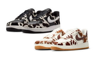 Two Nike Air Force 1 Low covered in a faux pony hair and cow-inspired pattern.