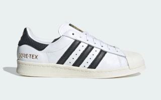 atmos x Adidas Superstar 82 GORE-TEX in a "Footwear White/Core Black/Core White" color scheme.