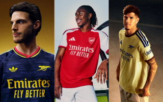 Arsenal's 26/27 adidas Home, Away & Third Jerseys, in short-sleeve & longe-sleeve forms, worn by Declan Rice, Eberechi Eze & Piero Hincapié.