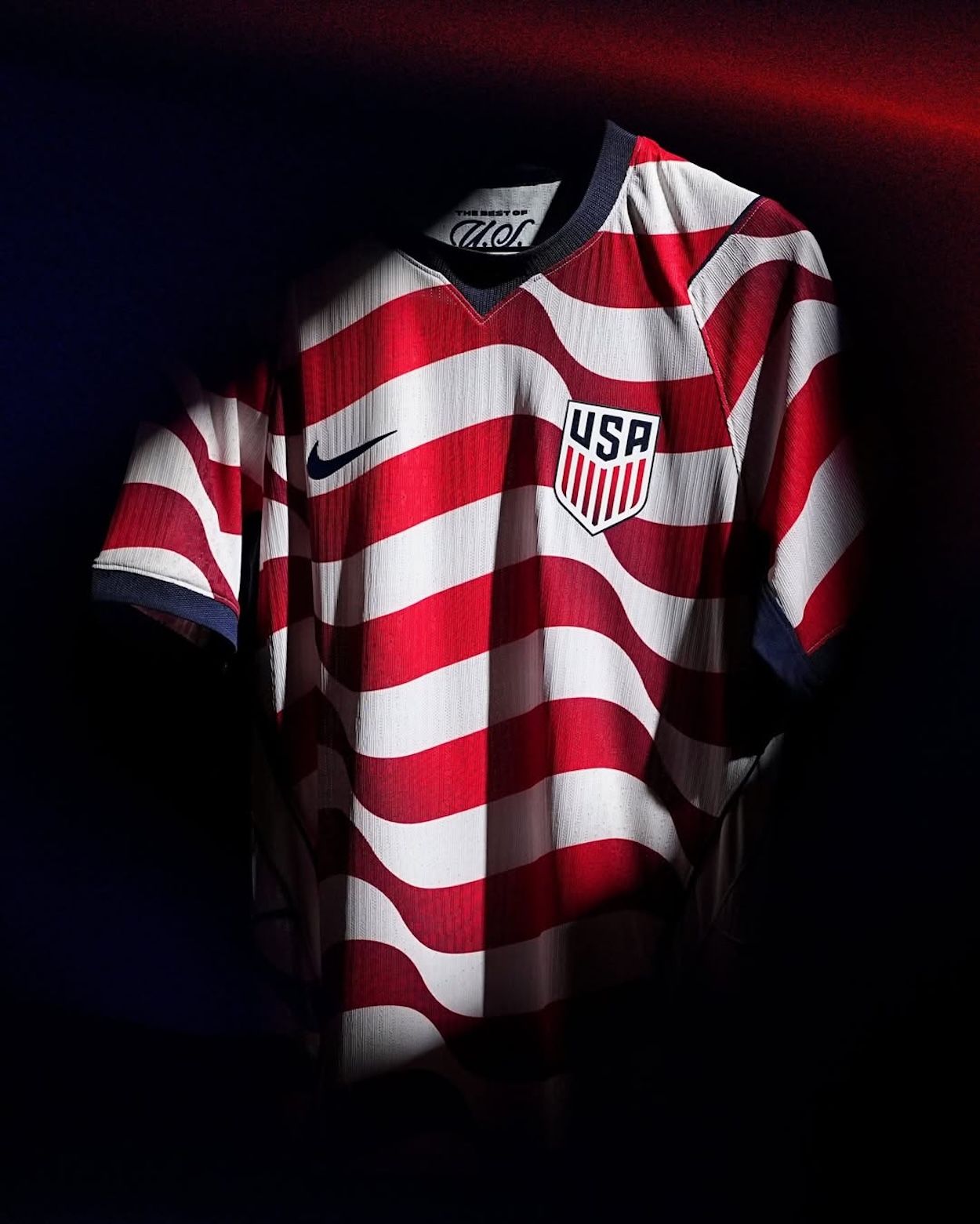 USMNT 2026 Home Jersey by Nike, featuring wavy red-colored stripes across the front.