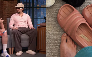 Bad Bunny wearing unreleased Adidas slides on Late Night with Seth Meyers.