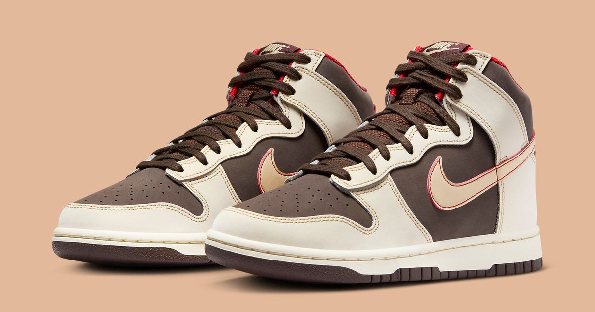 Nike Dunk High Cream and Brown Sneakers with Tortoise Shell Swoosh Double Swoosh Nike Dunk High SE “85” Surfaces in Second  main image 3