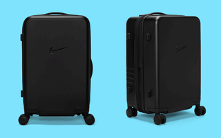 Different angles of Nike's 22-Inch Hardshell Spinner Suitcase in "Black."