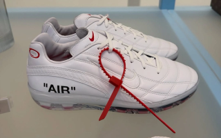 Sample of an Off-White™ x Nike Football Cryoshot by Virgil Abloh on-display at Grand Palais' Virgil Abloh: The Codes exhibit.