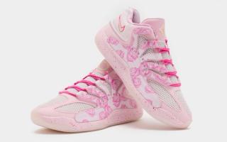 Kevin Durant's Nike KD 18 in a pink "Aunt Pearl" color scheme.
