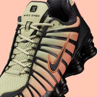 Close-up of the Nike Shox TL in an "Off Noir/Olive Aura/Orange Frost" color scheme.
