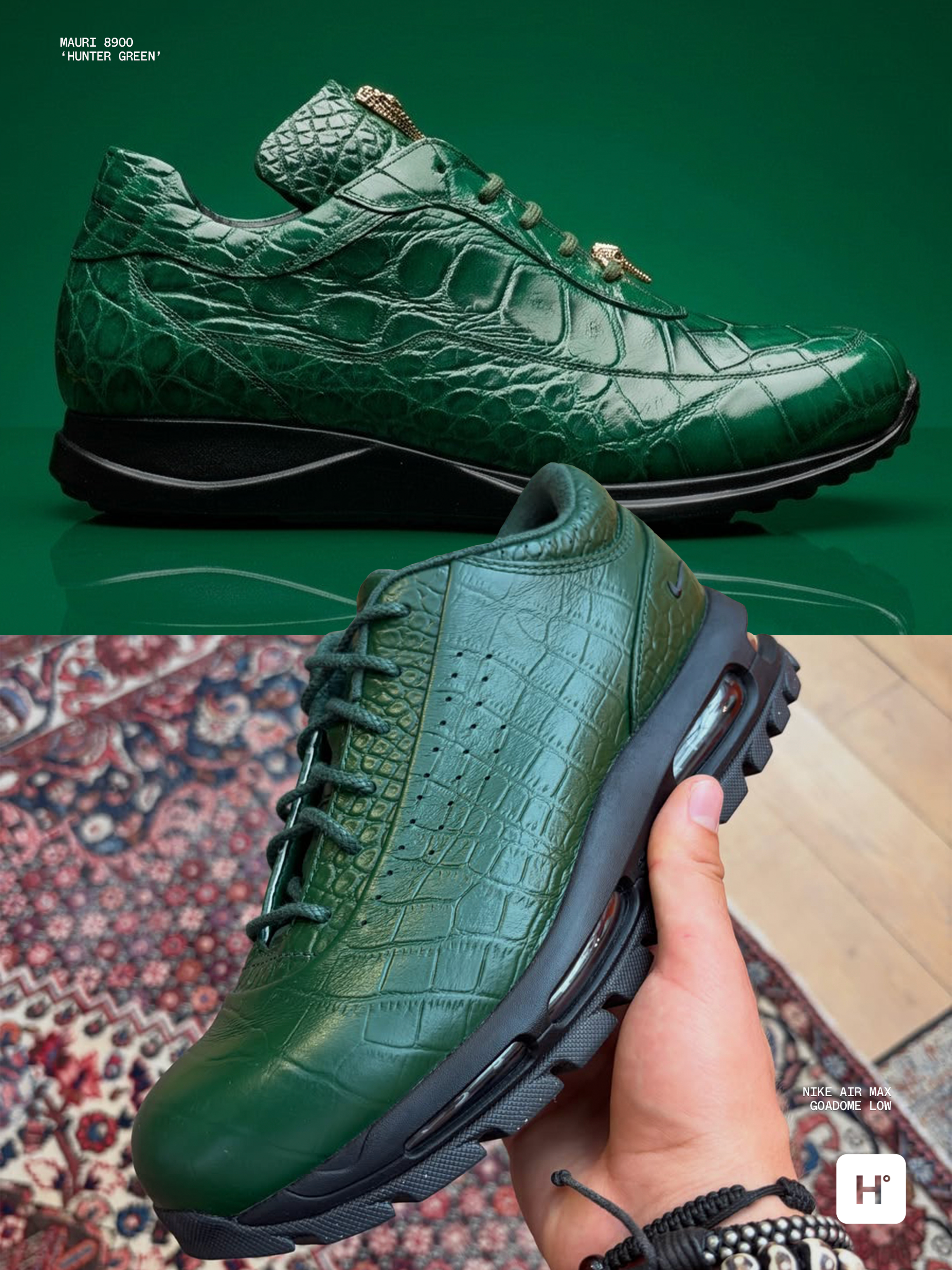 Comparing the "Hunter Green" Mauri 8900 with Nike's unreleased green Air Max Goadome Low. Photos via Cellini Uomo, @wegotnotaste on Instagram.