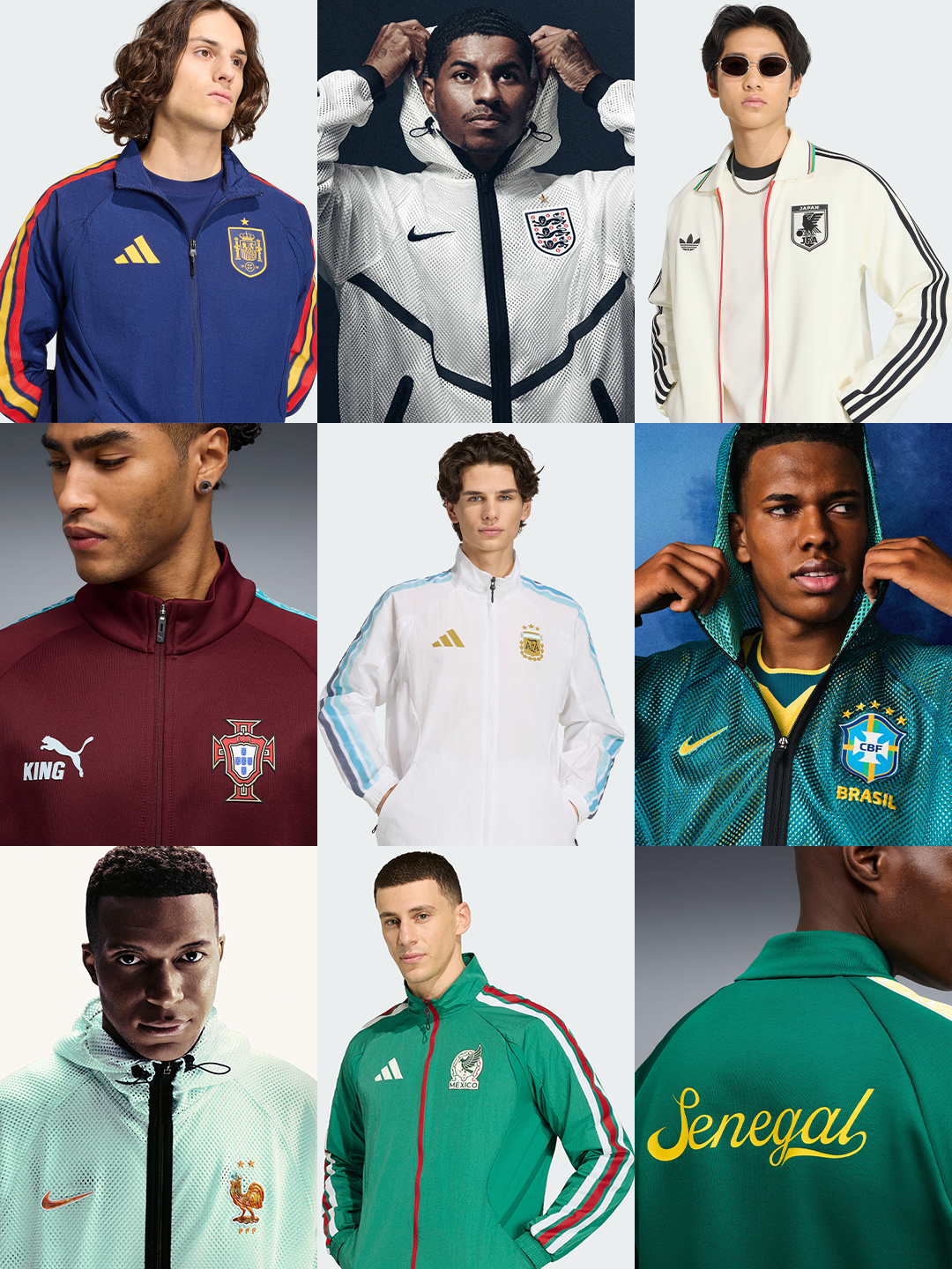 2026 World Cup™ Anthem jackets by Nike, adidas & PUMA for national football teams like France, Argentina, Mexico, Brazil & Portugal.