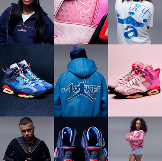 Nine campaign photos showcasing Awake NY's Air Jordan 6 "Blueberry" & "Bubble Gum Pink" Collection with Jordan Brand, which includes two sneakers, a pull-over track jacket, track pants, polos & a tee.